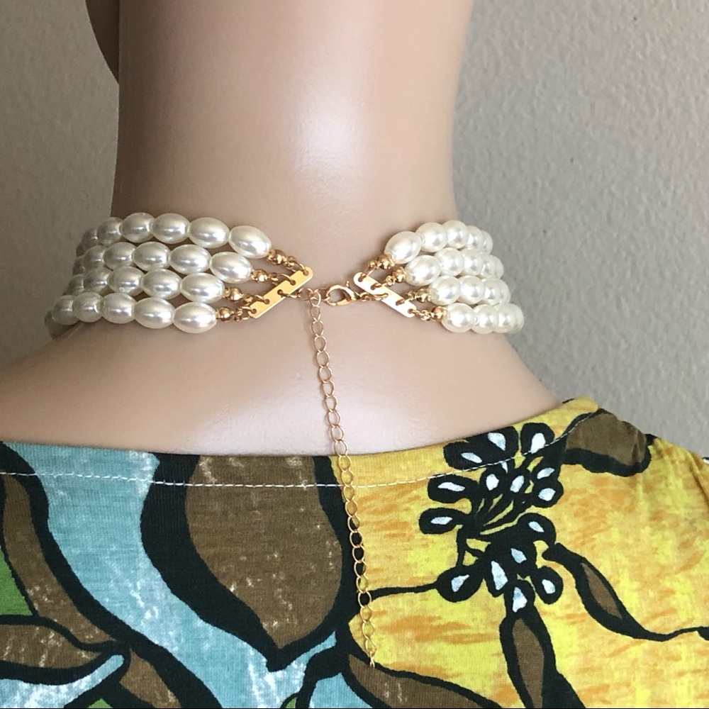Four Row Pearl Choker Necklace Layered Gold - Picture 4 of 6